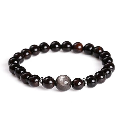 Argent-Obsidienne bracelet, avec black Sandalwood & Acier inoxydable 304, Rond, fait à la main, bijoux de mode & unisexe, Longueur Environ 7-8 pouce, Vendu par PC