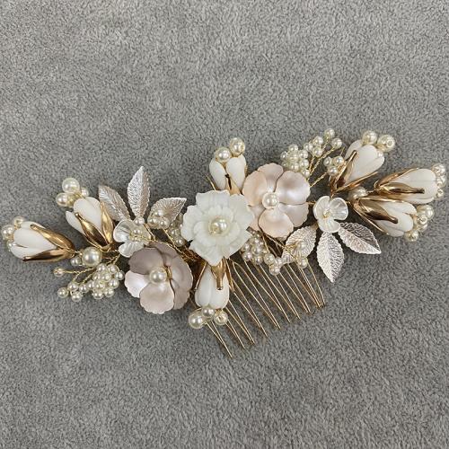 Dekoratives Haarkämmchen, Zinklegierung, mit Porzellan & Kunststoff Perlen, handgemacht, für Braut & für Frau, goldfarben, 110x50mm, verkauft von PC