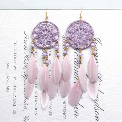 Fashion Feather Earring, with Knot Cord & Seedbead & Tibetan Style & Acrylic, Dream Catcher, gold color plated, fashion jewelry & for woman, more colors for choice, 40x150mm, Sold By Pair