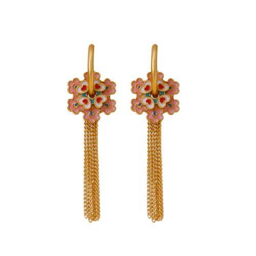 Fashion Fringe Earrings Brass Flower gold color plated for woman & enamel mixed colors nickel lead & cadmium free Sold By Pair
