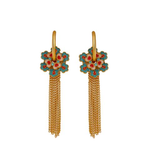 Mode-Fringe-Ohrringe, Messing, Blume, goldfarben plattiert, für Frau & Emaille, gemischte Farben, frei von Nickel, Blei & Kadmium, 57x19x4mm, verkauft von Paar