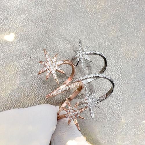 Brass Finger Ring, Eight Point Star, plated, for woman & with rhinestone, more colors for choice, nickel, lead & cadmium free, inner diameter:17~20mm, Sold By PC
