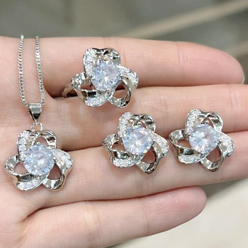 Brass Jewelry Set Stud Earring & finger ring & necklace Flower silver color plated & for woman & with rhinestone nickel lead & cadmium free Sold By PC