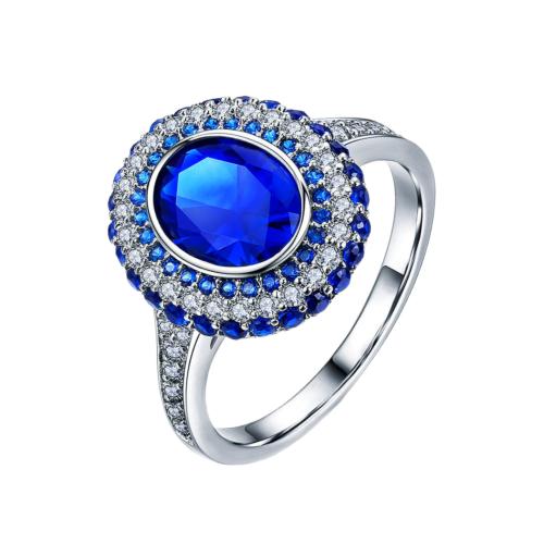 Brass Finger Ring, with Tanzanite, silver color plated, for woman & with rhinestone, blue, nickel, lead & cadmium free, inner diameter:17~20mm, Sold By PC