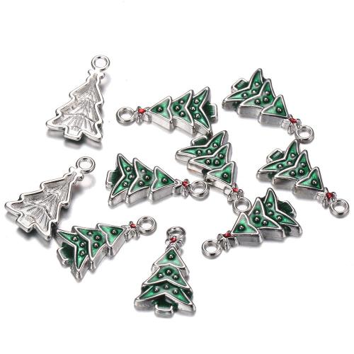 Zinc Alloy Christmas Pendants Christmas Tree silver color plated DIY & enamel green nickel lead & cadmium free Sold By Bag