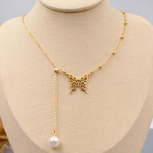 Titanstahl Halskette, mit Muschelkern, mit Verlängerungskettchen von 5.5cm, Schmetterling, plattiert, Modeschmuck, goldfarben, Länge:40 cm, verkauft von PC