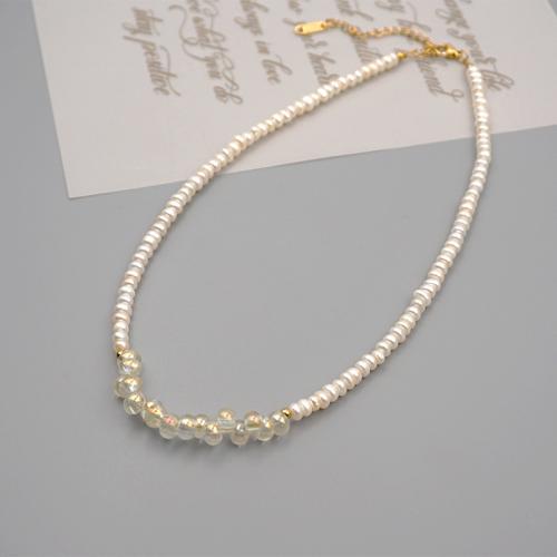 Titanium Steel Necklace, with Freshwater Pearl & Crystal, with 5.5cm extender chain, plated, fashion jewelry & different designs for choice, more colors for choice, Length:38 cm, Sold By PC