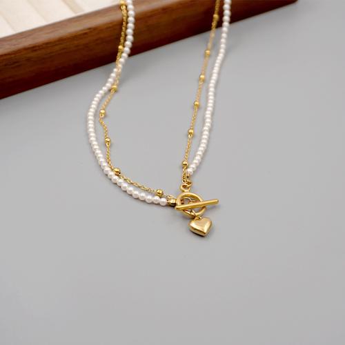 Titanium Steel Necklace with Crystal Pearl plated fashion jewelry golden Length 44 cm Sold By PC