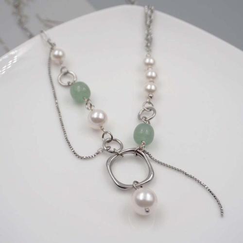 Titanium Steel Necklace with Crystal Pearl & Jade plated fashion jewelry silver color Length 50 cm Sold By PC