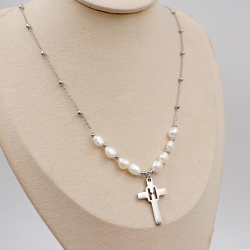 Titanstahl Halskette, mit Natürliche kultivierte Süßwasserperlen, mit Verlängerungskettchen von 6cm, plattiert, Modeschmuck, Silberfarbe, Länge:50 cm, verkauft von PC
