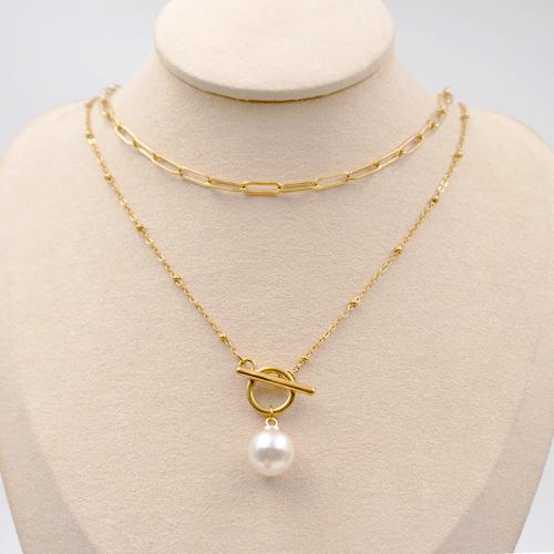 Titanium Steel Necklace with Plastic Pearl plated fashion jewelry golden Sold By PC