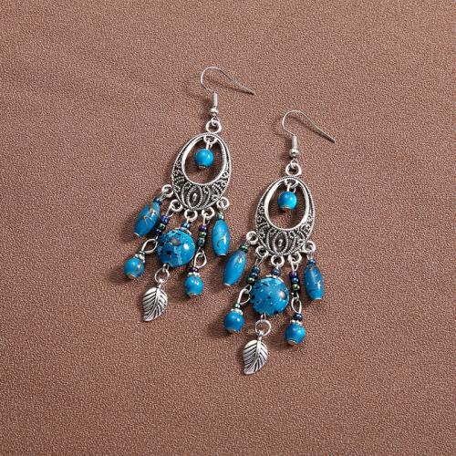 Boucles d'oreilles en alliage de zinc, avec turquoise synthétique, fait à la main, bijoux de mode & pour femme, plus de couleurs à choisir, 90mm, Vendu par paire