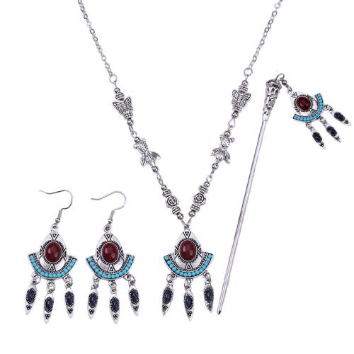Tibetan Style Jewelry Sets, hair stick & earring & necklace, plated, three pieces & fashion jewelry & different styles for choice & for woman, Hairpin pole :16cm, necklace :50cm, earrings :5cm., Sold By Set
