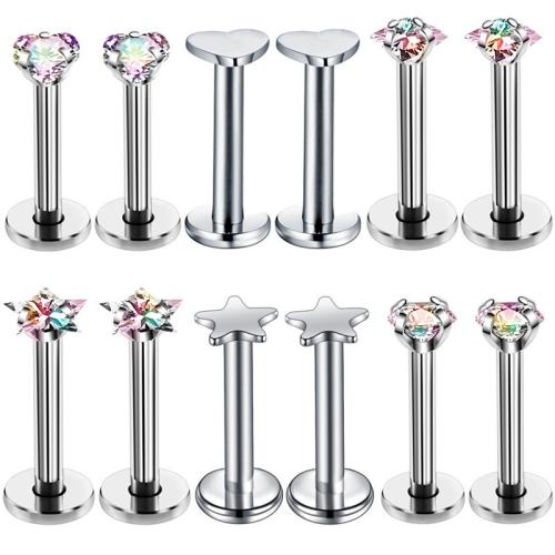 Stainless Steel Lip Ring, 304 Stainless Steel, 12 pieces & Unisex & different styles for choice & micro pave cubic zirconia, more colors for choice, 1.20x8x3mm, Sold By Set
