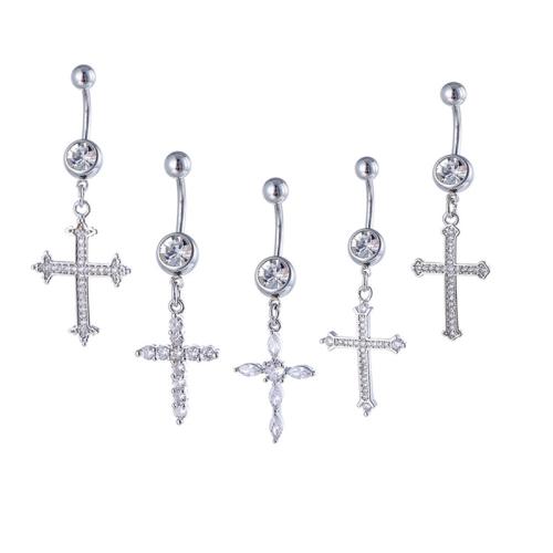 Brass Belly Ring  , with 316 Stainless Steel, Unisex & different styles for choice & micro pave cubic zirconia, silver color, 5MM steel ball *1.6*10MM, Sold By PC