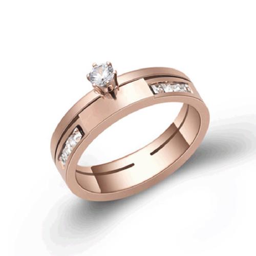 Titanium Steel Finger Ring Vacuum Ion Plating micro pave cubic zirconia & for woman rose gold color Sold By PC