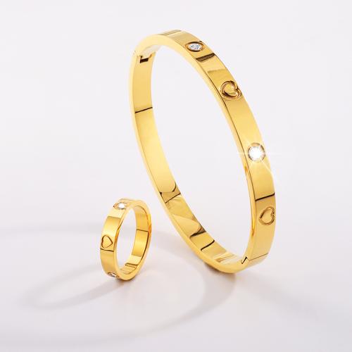 Cubic Zirconia Sada nerezových šperků, náramek & prst prsten, 304 Stainless Steel, á, 2 kusy & micro vydláždit kubické zirkony & pro ženy, zlatý, Prodáno By nastavit