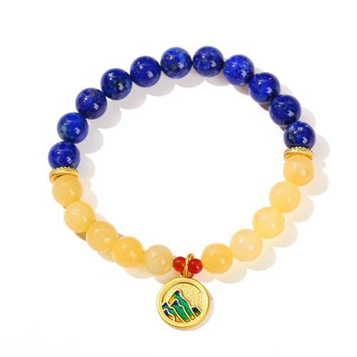 Lapis lazuli bracelet, avec Jade brun pâle & laiton, Rond, fait à la main, bijoux de mode & pour femme, beads length 8mm, Longueur Environ 7-7.5 pouce, Vendu par PC