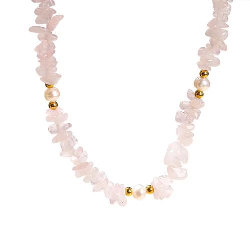 Rose Quartz Necklace, with Shell Pearl & 304 Stainless Steel, with 2inch extender chain, handmade, fashion jewelry & for woman, Length:Approx 14.2 Inch, Sold By PC