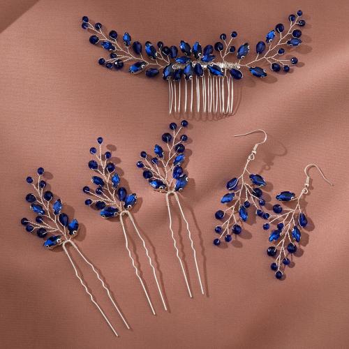 Mixed Hair Accessories, Brass, hair comb & hair stick & earring, with Crystal, 5 pieces & for woman & with rhinestone, more colors for choice, Sold By Set