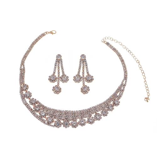 Brass Jewelry Set, earring & necklace, with 16cm extender chain, 2 pieces & for woman & with rhinestone, golden, earring 45mm, Length:Approx 33 cm, Sold By Set