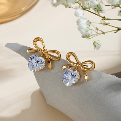 Stainless Steel Drop Earring 304 Stainless Steel plated fashion jewelry & micro pave cubic zirconia golden Sold By Pair