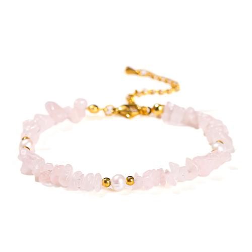 Rose Quartz Bracelet, with Plastic Pearl & 304 Stainless Steel, irregular, handmade, fashion jewelry & for woman, beads length 3-5mm, Length:Approx 6.5-7 Inch, Sold By PC
