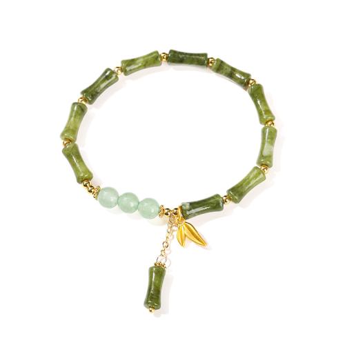 Южный Джейд браслет, с Зеленый авантюрин & Латунь, Листок, Связанный вручную, ювелирные изделия моды & Женский, длина:Приблизительно 6.5-9 дюймовый, продается PC