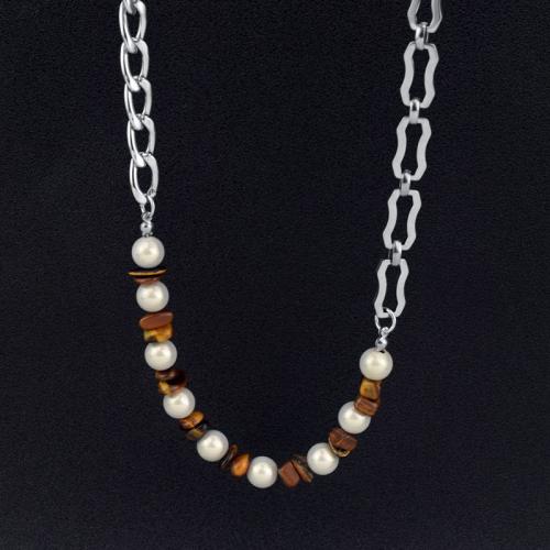 Stainless Steel Jewelry Necklace, 304 Stainless Steel, with Tiger Eye & Plastic Pearl, with 3cm extender chain, polished, fashion jewelry & Unisex, original color, Length:Approx 50 cm, Sold By PC