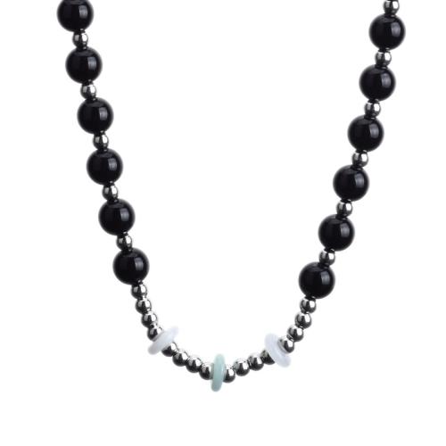 Collar de acero inoxidable de la joyería, acero inoxidable 304, con Jade & Perlas plásticas, con 10cm extender cadena, pulido, unisexo, Negro, longitud:aproximado 40 cm, Vendido por UD