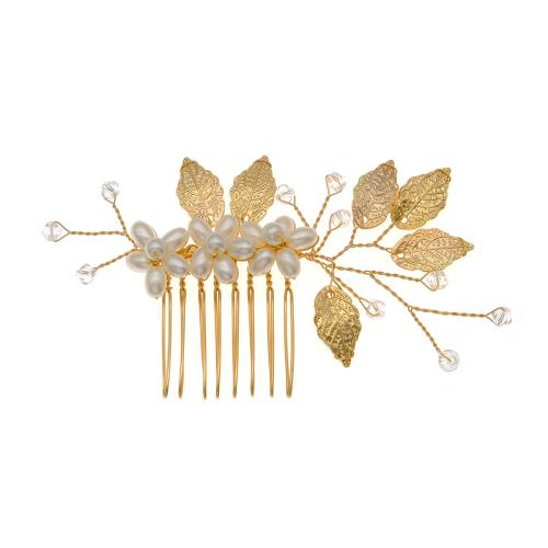 Décoratif Peigne nuptiale de cheveux, alliage de zinc, avec perle de plastique, Placage de couleur d'or, bijoux de mode & pour femme, doré, 100x55mm, Vendu par PC