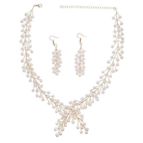 Brass Jewelry Set earring & necklace with Crystal & Plastic Pearl 2 pieces & fashion jewelry & for woman Sold By Set