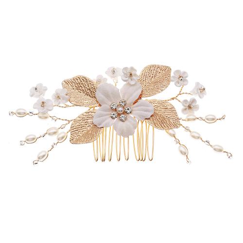 Bridal Decorative Hair Comb, Tibetan Style, with Polymer Clay & Plastic Pearl, fashion jewelry & for woman & with rhinestone, golden, 130x75mm, Sold By PC