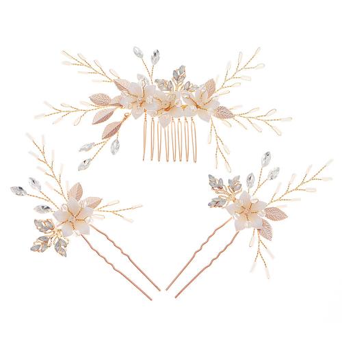 Mixed Hair Accessories Zinc Alloy hair comb & hair stick with Plastic Pearl & Brass three pieces & for woman & with rhinestone golden Sold By Set
