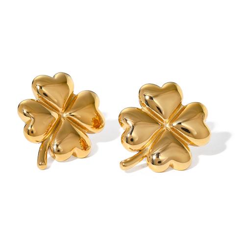 Stainless Steel Stud Earrings, 304 Stainless Steel, Four Leaf Clover, 18K gold plated, fashion jewelry & for woman, golden, 26.50x21.40mm, Sold By Pair