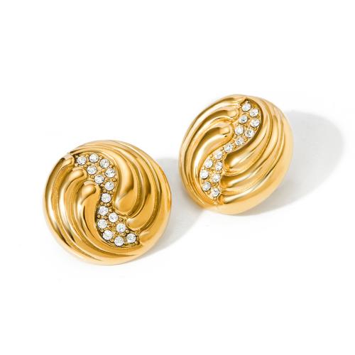 Stainless Steel Stud Earrings, 304 Stainless Steel, 18K gold plated, fashion jewelry & for woman & with rhinestone, golden, 26.40x14.80mm, Sold By Pair