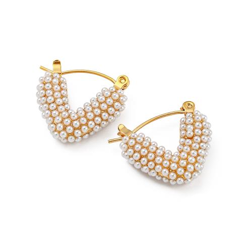 Acier inoxydable Levier Retour Earring, Acier inoxydable 304, avec perle de plastique, Plaqué or 18K, bijoux de mode & pour femme, doré, 18.80x18mm, Vendu par paire