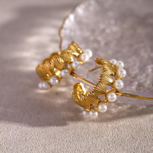 Edelstahl Ohrringe, 304 Edelstahl, mit Kunststoff Perlen, 18K vergoldet, Modeschmuck & für Frau, goldfarben, 28x10mm, verkauft von Paar