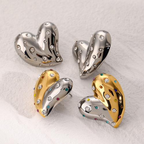 Stainless Steel Stud Earrings, 304 Stainless Steel, Heart, Vacuum Ion Plating, fashion jewelry & for woman & with rhinestone, more colors for choice, Sold By Pair