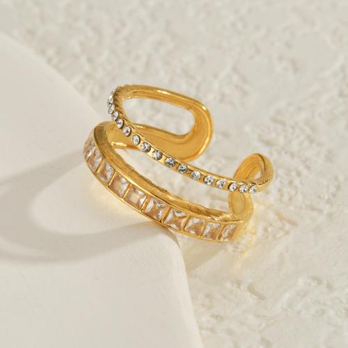 Rhinestone Stainless Steel Finger Ring 304 Stainless Steel plated fashion jewelry & with rhinestone golden Sold By PC