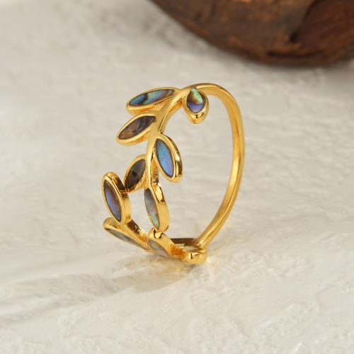 Stainless Steel Finger Ring, 304 Stainless Steel, with Abalone Shell, Leaf, plated, fashion jewelry, golden, Sold By PC