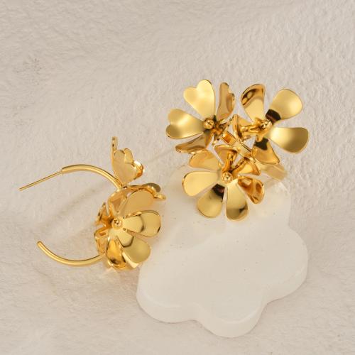 Boucle d'oreille de gaujon en acier inoxydable, Acier inoxydable 304, fleur, Placage, bijoux de mode, doré, 37x37mm, Vendu par paire