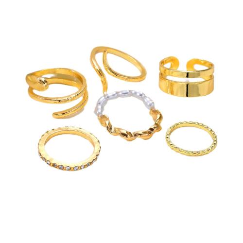 Ensemble d’anneau en alliage de zinc, avec cristal & perle de plastique, 6 pièces & bijoux de mode & pour femme, Or, Vendu par fixé