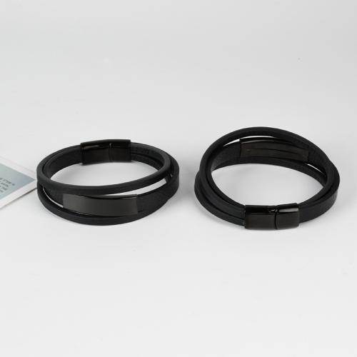 Bijoux bracelet en acier inoxydable, Acier inoxydable 304, avec Cuir synthétique, Placage, 2 pièces & unisexe, noire, Longueur 21 cm, Vendu par fixé