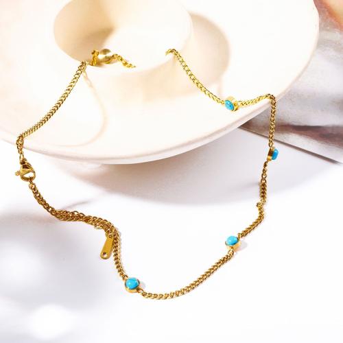 Titanium Steel Necklace with turquoise with 6cm extender chain Vacuum Ion Plating for woman golden Length 39 cm Sold By PC