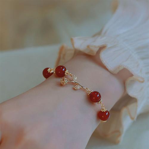 Ágata vermelha pulseira, with liga de zinco, Rose, cromado de cor dourada, para mulher & com strass, comprimento Aprox 6-8 inchaltura, vendido por PC