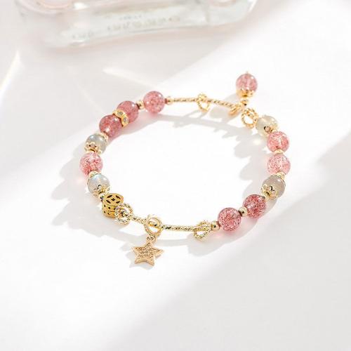 Strawberry Quartz bracelet, avec Moonstone & laiton, étoile, pour femme & avec strass, Longueur:Environ 5.9 pouce, Vendu par PC