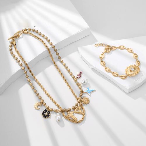 Zinc Alloy Jewelry Sets with brass chain & iron chain & Plastic Pearl fashion jewelry & for woman & enamel golden Sold By PC