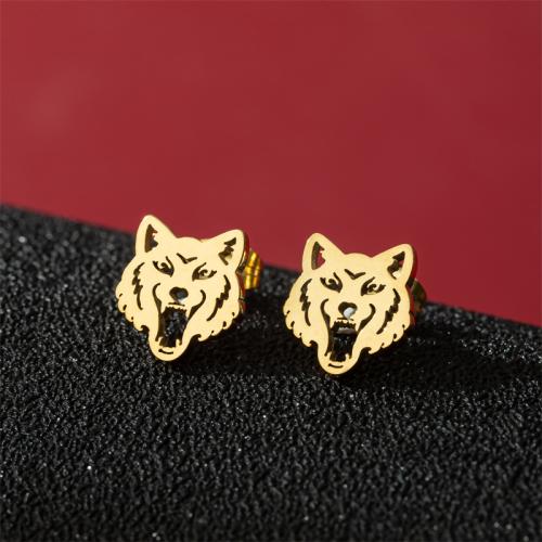 Stainless Steel Stud Earrings, 304 Stainless Steel, Wolf, Vacuum Ion Plating, fashion jewelry & for woman, more colors for choice, 9x11mm, Sold By Pair