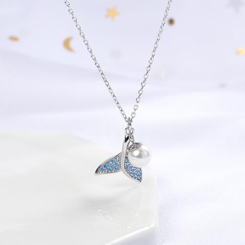 Cubic Zircon Micro Pave 925 Sterling Silver Necklace, with Shell Pearl, with 4cm extender chain, fashion jewelry & micro pave cubic zirconia & for woman, Length:Approx 40 cm, Sold By PC